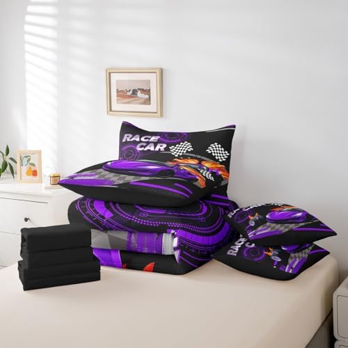 Feelyou Purple Race car Comforter Set Full Size 7 Pcs Bedding Set Kids