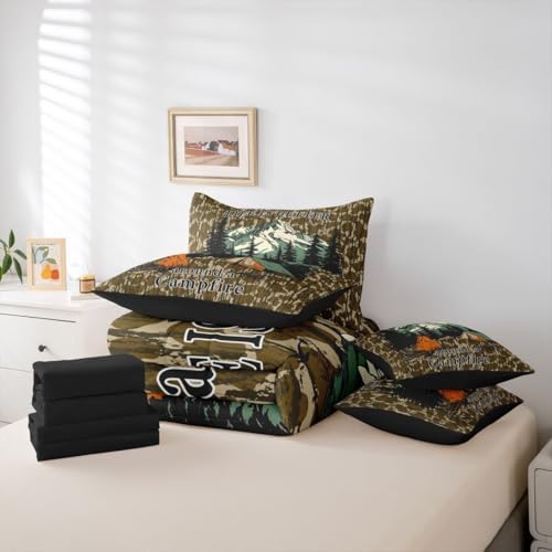 Erosebridal Camouflage 7 Piece Comforter Set Twin Kids Camo Camping Bed in A Bag Rv Campsite Camper Bedding Sets for Kids Boys Girls Military Style Army Green Wild Room Decor Sheet Set with Comforter