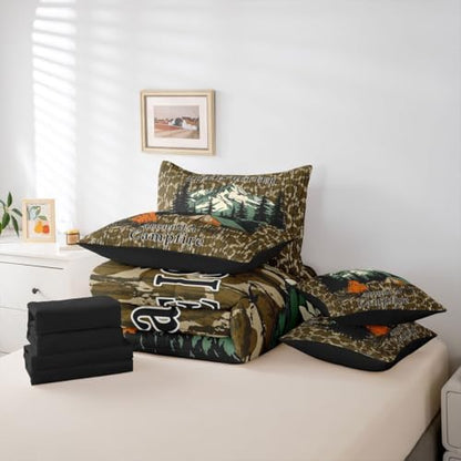 Erosebridal Camouflage 7 Piece Comforter Set Twin Kids Camo Camping Bed in A Bag Rv Campsite Camper Bedding Sets for Kids Boys Girls Military Style Army Green Wild Room Decor Sheet Set with Comforter