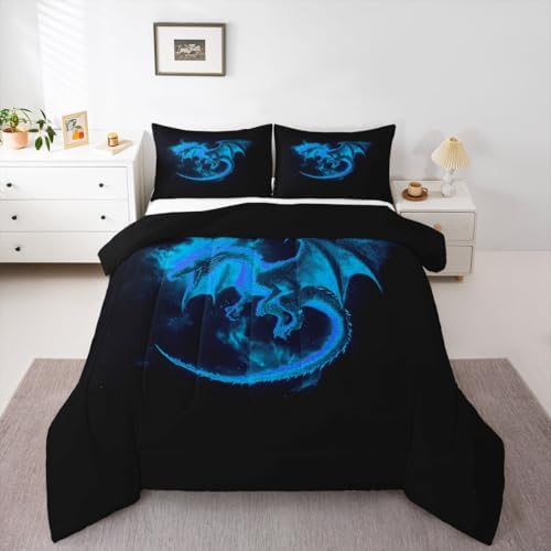 Feelyou Dragon Comforter Set King Size Jungle Dragon Bedding Set for Kids Boys Girls Magical Beast Duvet Quilt Wild Animal Bedroom Decor Fantasy Animal Microfiber 3 Pcs with 2 Pillow Cases