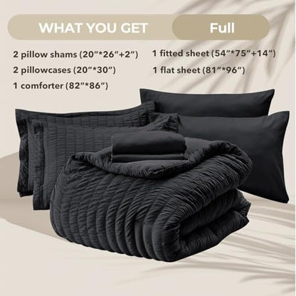 HYMOKEGE Black Full Size Comforter Sets Seersucker 7 Pieces, All Season Luxury Bed in a Bag for Bedroom, Bedding Set with Comforters, Sheets, Pillowcases & Shams