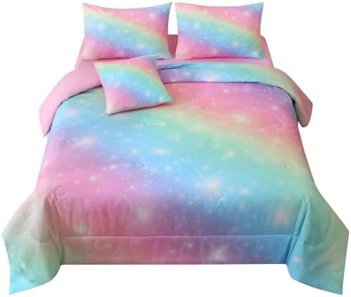 JQinHome Glitter Bedding Set Twin Size,6 Piece Bed in A Bag 3D Colorful Rainbow Galaxy Comforter Set for Girls Kids-All Season Microfiber Tie-Dye Bedding Sets(Rainbow)
