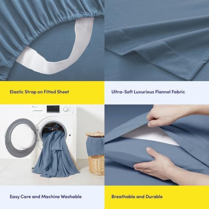 Sweet Home Collection Flannel Sheet Set, Denim Blue King, Deep Pocket Soft Brushed Microfiber All-Season Bedding with Fitted Sheet, Flat Sheet & Pillowcase(s)