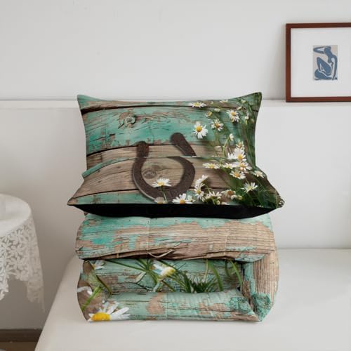 Rustic Farmhouse Bedding Set Teal Country Wooden Barn Door Down Comforter King Western Horseshoe Daisy Decor Comforter Set for Kids Boys Girls Teen Cowboys Cowgirls Quilt Duvet Sets 2 Pillow Cases