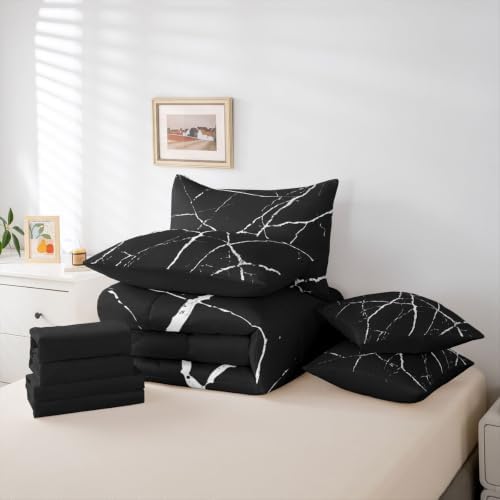 Erosebridal Black Marble King Bedding Set 7 Piece White Texture Bed in A Bag with Sheets Ink Painting Stone Pattern Comforter Set for Kids Adults,Retro Watercolor Artwork Bed Sets