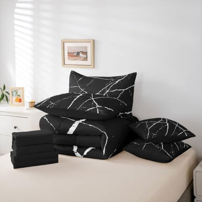 Erosebridal Black Marble King Bedding Set 7 Piece White Texture Bed in A Bag with Sheets Ink Painting Stone Pattern Comforter Set for Kids Adults,Retro Watercolor Artwork Bed Sets