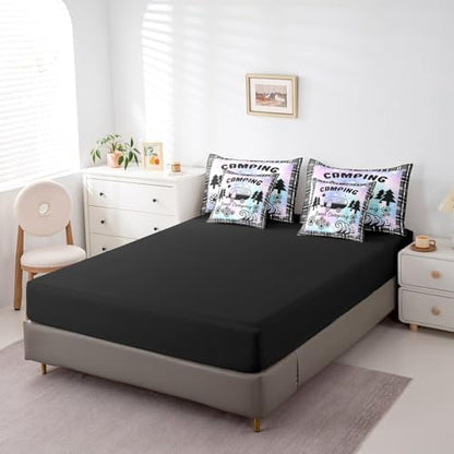Erosebridal Happy Camping 7 Pcs Comforter Set Queen,Camper Accessories Bedding Set for Kids Boys Teens,Ultra Soft Black Sketch Drawing Bed in a Bag,Retro Farmhouse Travel Car Quilted Comforter