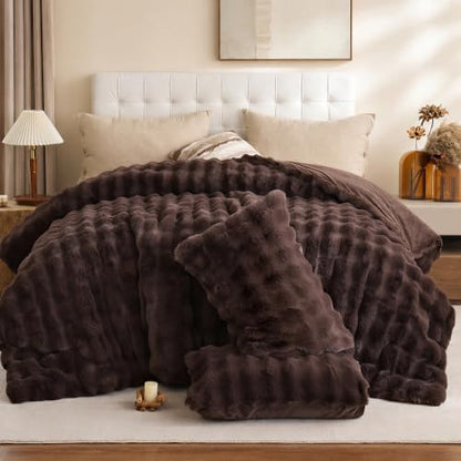 YIKUSH King Faux Fur Soft Comforter Set, Fluffy Brown Rabbit Fur Comforter