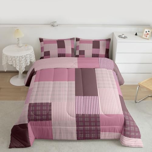 jejeloiu Plaid Bedding Set Soft for Boys Girls, Patchwork Comforter Set Full Size Check Checkered Duvet Quilt Microfiber Grid Geometric Bedroom Decor 3 Pcs with 2 Pillow Cases