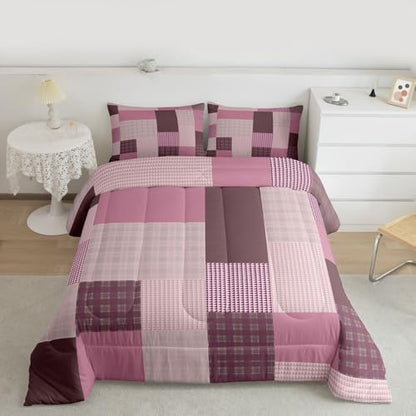 jejeloiu Plaid Bedding Set Soft for Boys Girls, Patchwork Comforter Set King Size Check Checkered Duvet Quilt Microfiber Grid Geometric Bedroom Decor 3 Pcs with 2 Pillow Cases