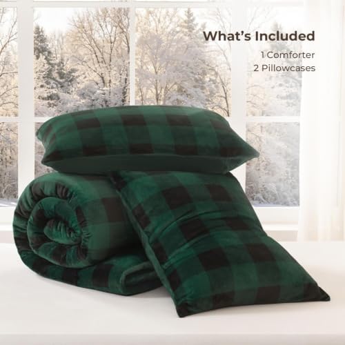 Litanika Velvet Flannel Plaid Comforter Set Full, 3 Pcs Green Blanket