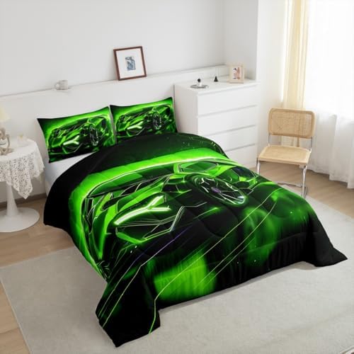 Feelyou Kids Boys Sports Car Comforter Set King Size Green Race Car Comforter for Kids Teens Room Decor Extreme Sports Theme Bedding Set Cool Speed Luxury Car Decor Quilt Set Soft for All Season