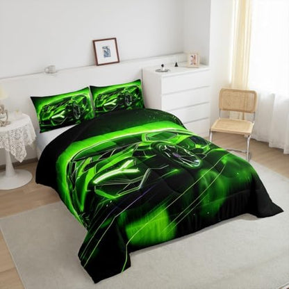 Feelyou Kids Boys Sports Car Comforter Set King Size Green Race Car Comforter for Kids Teens Room Decor Extreme Sports Theme Bedding Set Cool Speed Luxury Car Decor Quilt Set Soft for All Season