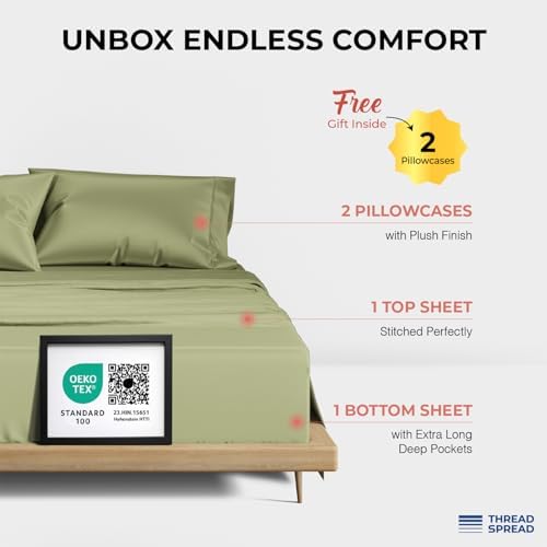 THREAD SPREAD 100% Egyptian Cotton Sheets California King Size - 1200 Series Plush Collection Cal King Size Sheets Set, 4 PC Luxury Bedsheet (Sage Green), Soft, Cooling, 17" Deep Pocket Bedsheet Set
