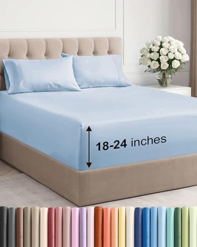 Extra Deep King Sheet Set - 4 Piece Breathable & Cooling Sheets - Sky Blue