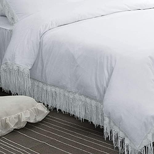FADFAY 4 Piece Boho Duvet Cover Set Twin Size, Bohemian Chic Cotton Bedding with Bed Skirt, Elegant Tassel Accents, Pure White