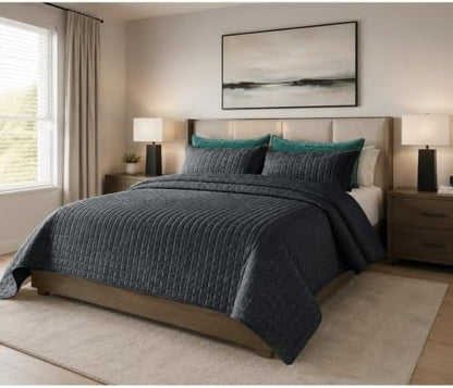 Quilt Set Queen Size 90x98 Luxurious Velvet Bedding Sets with 2 Pillow Shams 20x26 3 Pieces Ultra Soft Quilted Bedspread Coverlet Comforter for All Season,Black