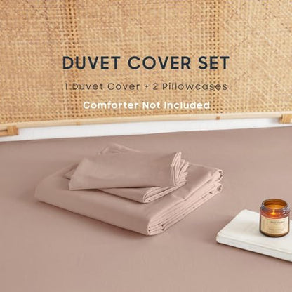 Wake In Cloud - Cotton Duvet Cover Set, 100% Washed Cotton, Linen Like Textured, Breathable Durable Comfy Farmhouse Neutral Bedding Set, 3 Pieces, Dusty Pink, Queen Size