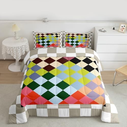 Checkered Geometric Comforter Set Queen Size Green Red Beige Brown Plaid Bedding Set for Kids Boys Girls Checkerboard Modern Aesthetic Duvet Quilt Reversible Grey Decor 3 Pcs with 2 Pillow Cases