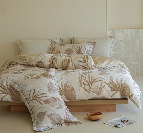 King Size Comforter - 100% Cotton Beige Botanical Floral Reverssible Print Comforter Set, Hypoallergenic and Breathable Bedding Set for All Season, 3 Pieces, 104"x90"