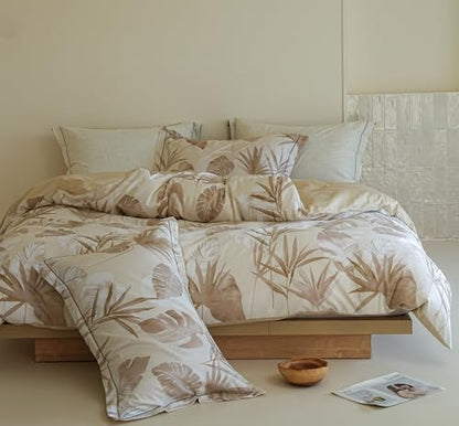 King Size Comforter - 100% Cotton Beige Botanical Floral Reverssible Print Comforter Set, Hypoallergenic and Breathable Bedding Set for All Season, 3 Pieces, 104"x90"