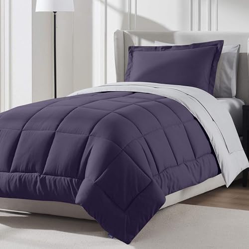Nestl 7 Piece Twin XL Comforter Set – Purple Reversible Bed in a Bag – Complete Twin XL Size Bedding Set with Sheets, Set of 2 Down Alternative Pillows, Pillowcase and Sham