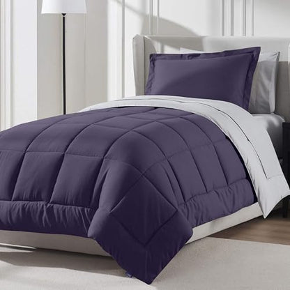 Nestl 7 Piece Twin Comforter Set – Purple Reversible Bed in a Bag – Complete Twin Size Bedding Set with Sheets, Set of 2 Cooling Pillows, Pillowcase and Sham