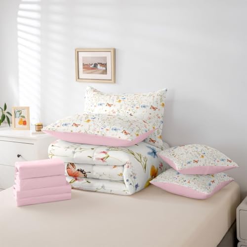 Erosebridal Boho Floral Full Comforter Set with Sheets 7 Piece Cute Colorful Flowers Bed in A Bag Bohemian Wildflower Bedding Sets for Kids Girls Women,Watercolor Flower Butterflies Bed Set