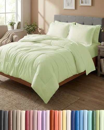 Queen Comforter Set - 7 Piece Bed in a Bag Queen Size - Light Sage Green