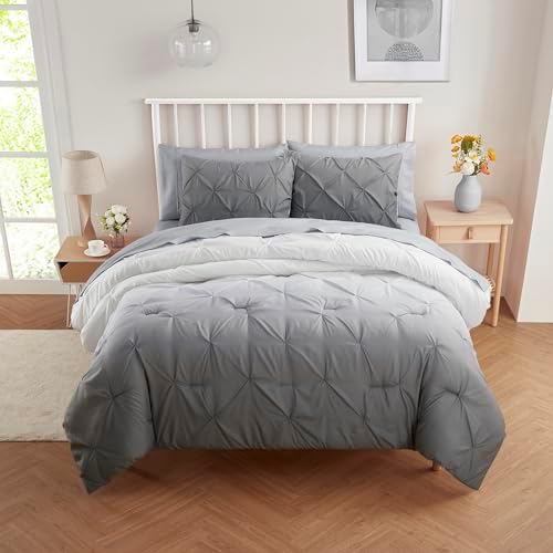 7 Piece Comforter Set Bed in a Bag Ombre Pintuck Design All Season Soft Down Alternative Bedding Comforter Set & Luxurious Matching Bed Sheets & Pillow Shams, Ombre Pintuck Gray, Full