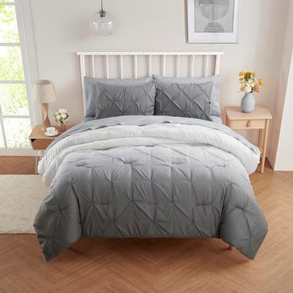 7 Piece Comforter Set Bed in a Bag Ombre Pintuck Design All Season Soft Down Alternative Bedding Comforter Set & Luxurious Matching Bed Sheets & Pillow Shams, Ombre Pintuck Gray, Full