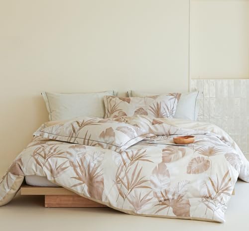 King Size Comforter - 100% Cotton Beige Botanical Floral Reverssible Print Comforter Set, Hypoallergenic and Breathable Bedding Set for All Season, 3 Pieces, 104"x90"