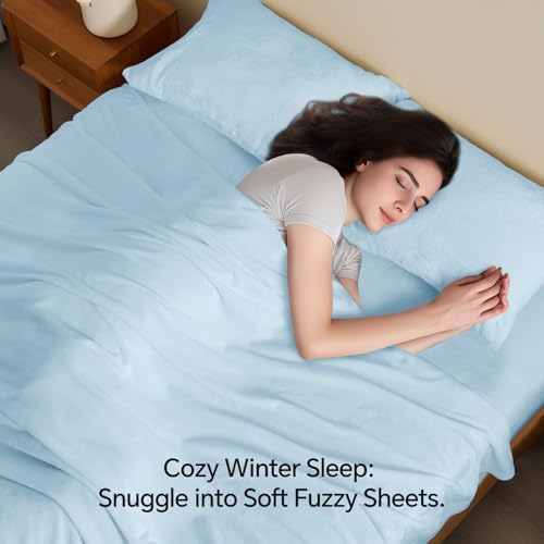 BEDELITE Flannel Sheets Queen Size, Blue, 4 Pieces