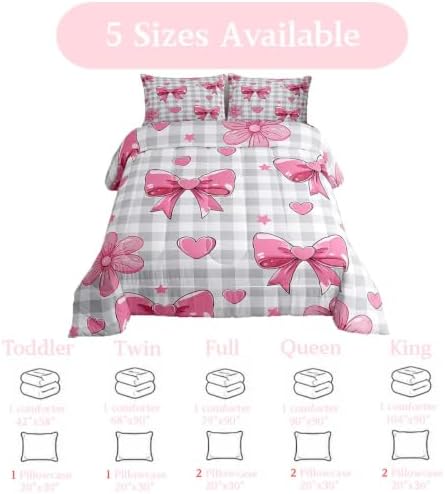 jejeloiu Bowknot Comforter Set King Size Checkerboard Bedding Set for Kids Boys Girls Pink Bow Duvet Quilt Plaid Bedroom Decor Microfiber 3 Pcs with 2 Pillow Cases