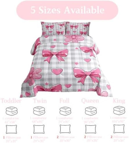 jejeloiu Bowknot Comforter Set King Size Checkerboard Bedding Set for Kids Boys Girls Pink Bow Duvet Quilt Plaid Bedroom Decor Microfiber 3 Pcs with 2 Pillow Cases