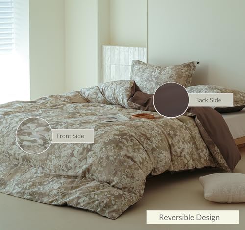Floral Comforter King Size - 100% Long Staple Cotton Gradient Brown Leaf Reversible Comforter Set 3pcs, Soft Breathable Hypoallergenic Bedding Set