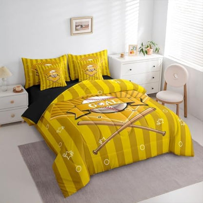 Erosebridal Sports Baseball Theme Yellow Gaming Pattern 7 Piece Bedding Set Twin | Boys Kids Ball Games Boys Comforter Set with Sheets Playground Bed in A Bag Stripes Geometric Bed Sets