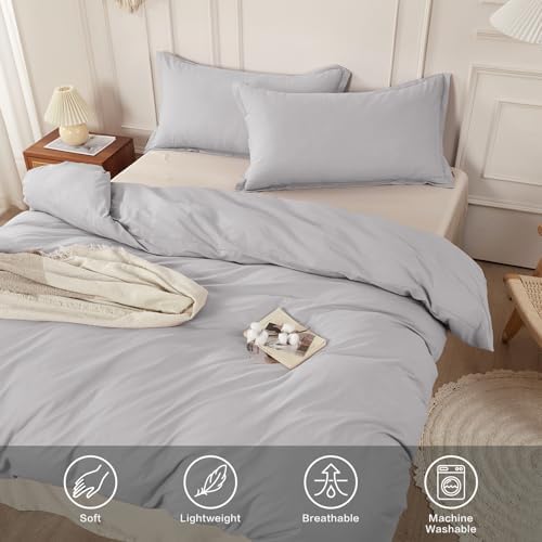 SAPHREAS 100% Washed Cotton Duvet Cover Queen Size Set, Linen Like Comforter Cover with Zipper Closure & Corner Ties (No Comforter), 90x90 Light Grey