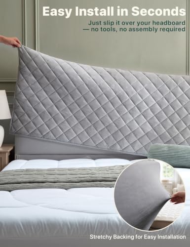 Velvet Bed Headboard Cover Slipcover - Stretch Quilted & Thicken Dustproof Protector for Queen/King, Washable Decorative Headboard Cover for Bedroom (LightGray, 75x27.5 inch)