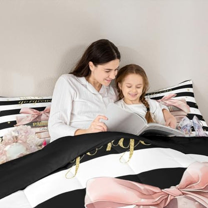 jejeloiu Pink Fashion Comforter Set Toddler Size Kids Black White Striped Bedding Set Boys Girls Floral Duvet Breathable Perfume High Heels Books Quilt Bedroom Decor,1 Comforter with 1 Pillowcase