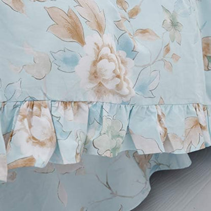 FADFAY Farmhouse Floral Bedding Shabby Blue Bird Print French Countryside Chic Bedding Set Luxury Bedskirt Collections 800 Thread Count 100% Egyptian Cotton, 4 Piece-Queen Size