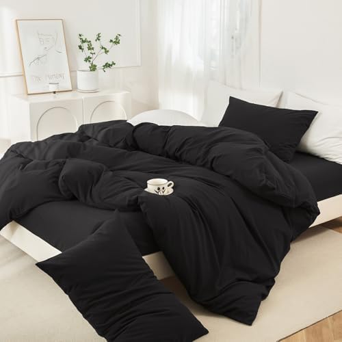 JIYUAN Super King Washed Cotton Duvet Cover Set, Relaxed Linen Feel