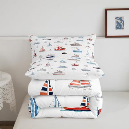Nautical Sailboat Comforter Set Full Size,Sea Transportation Ships Bedding Set 3Pcs,Boat Anchor Rudder Print Quilt Set,Kids Boys Girls Teens Room Decor,Blue Red White Duvet Insert,2 Pillowcases