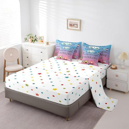 Erosebridal 7 Piece RV Bunk Twin Bedding Set for Camper,Drinking and Camping Comforter Set for Kids Teen Adults,Travel Trailer Quilt Bed Set Pink Blue Gradient Comforter with Fitted + Flat Sheet