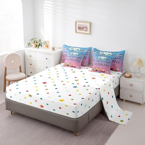 Erosebridal 7 Piece RV Bunk King Bedding Set for Camper,Drinking and Camping Comforter Set for Kids Teen Adults,Travel Trailer Quilt Bed Set Pink Blue Gradient Comforter with Fitted + Flat Sheet