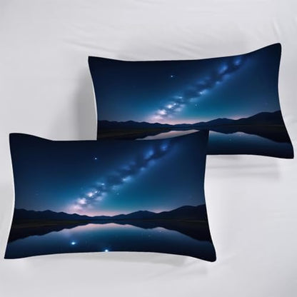 Galaxy Comforter Set Twin Size Space Bedding for Kids Girls Boys Water Lake Night Stars Moon Bedroom Decor Quilt Bed Sets, 1 Comforter 1 Pillowcase