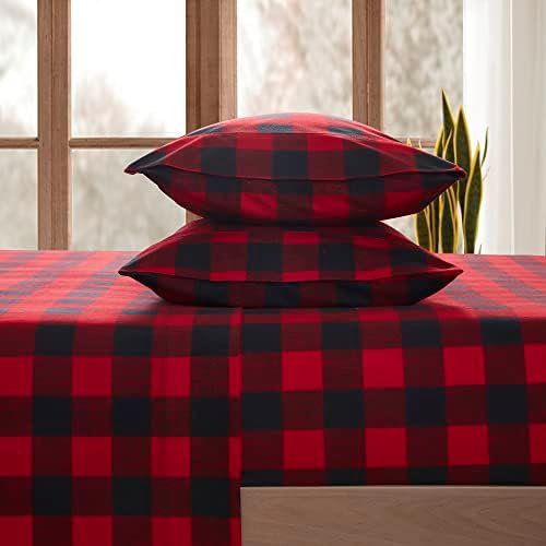 Flannel Sheets Warm and Cozy Deep Pocket Breathable All Season Bedding Set with Fitted, Flat and Pillowcases, Queen, Buffalo Check Plaid Burgundy