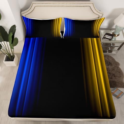 Feelyou Teens Abstract Ombre Decorations Bedding Set for Kids Women Blue Yellow and Black Bed Sheets Set Geometric Modern Fitted Sheet Sets Room 4Pcs Full Size