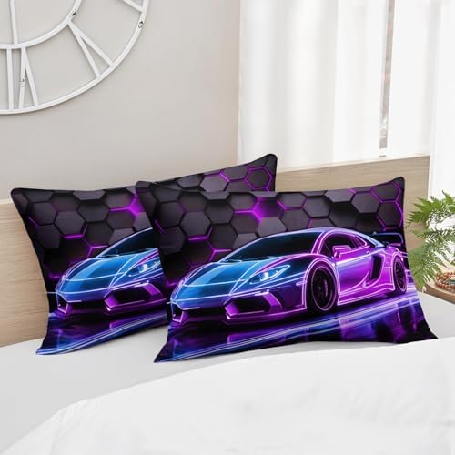 HOSIMA Kids Boys Race Car Queen Bedding Sets,1 Fitted Sheet+2 Pillowcases.