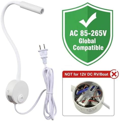White Wall Light Bedside Reading Light, 25° Focused Beam 3000K Warm White for Bed Headboard, Wooden Board Mounted Sconce, 4.92ft Plug-in Cord, AC 85-265V